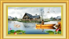 风景油画 湖中垂钓图片