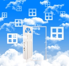蓝天白云中的门和窗户图片