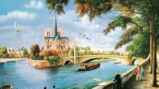 油画风景 河畔图片