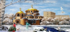 油画风景 冬天的教堂图片